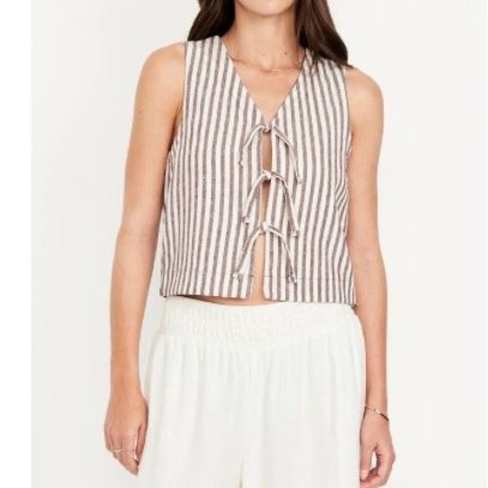 Old navy women’s linen blend tie front striped fully lined vest 2X